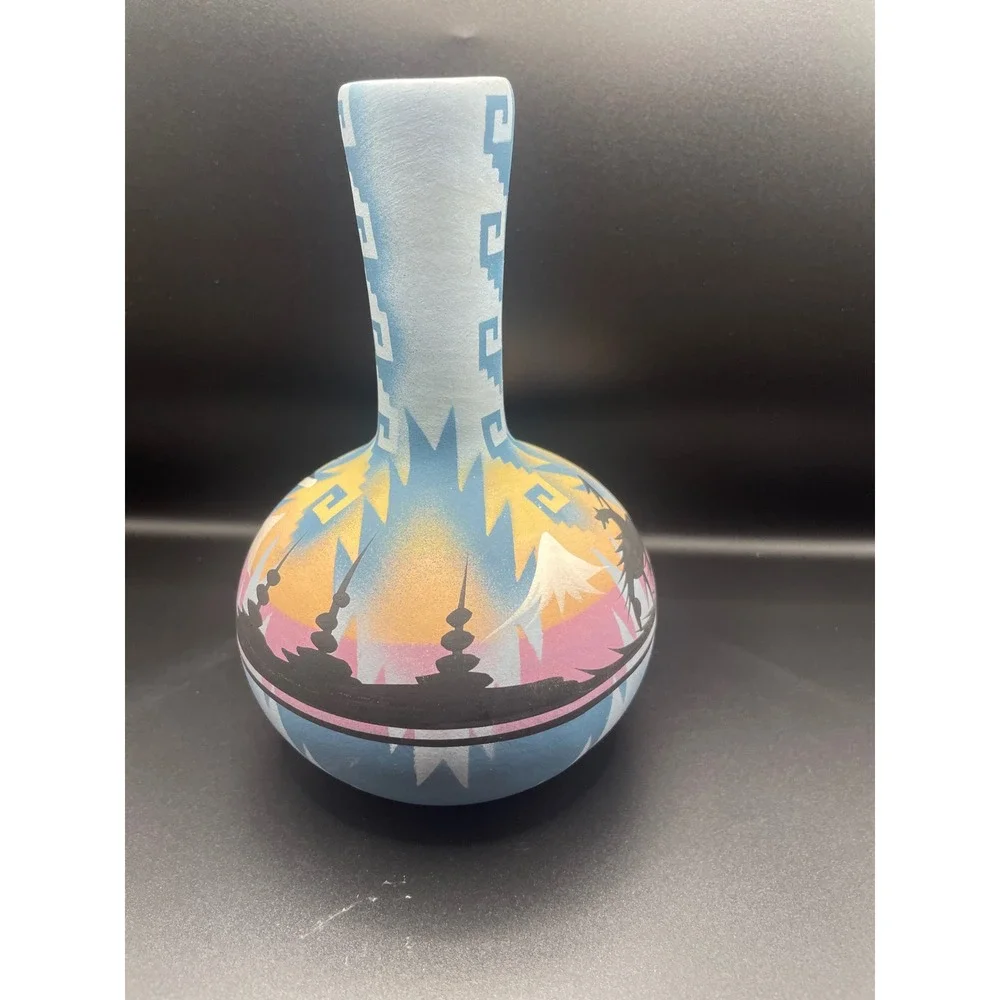 Warren Dineh Signed Southwestern Pottery Vase Blue Sunset Horse Rider Landscape